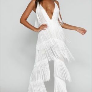 Meshki white fringe tassel jumpsuit